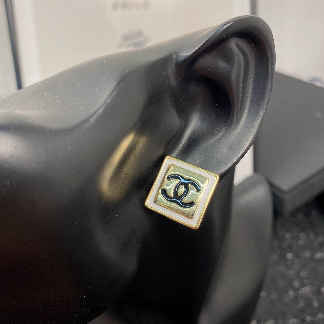 Chanel Square Gold Black Stud Earrings