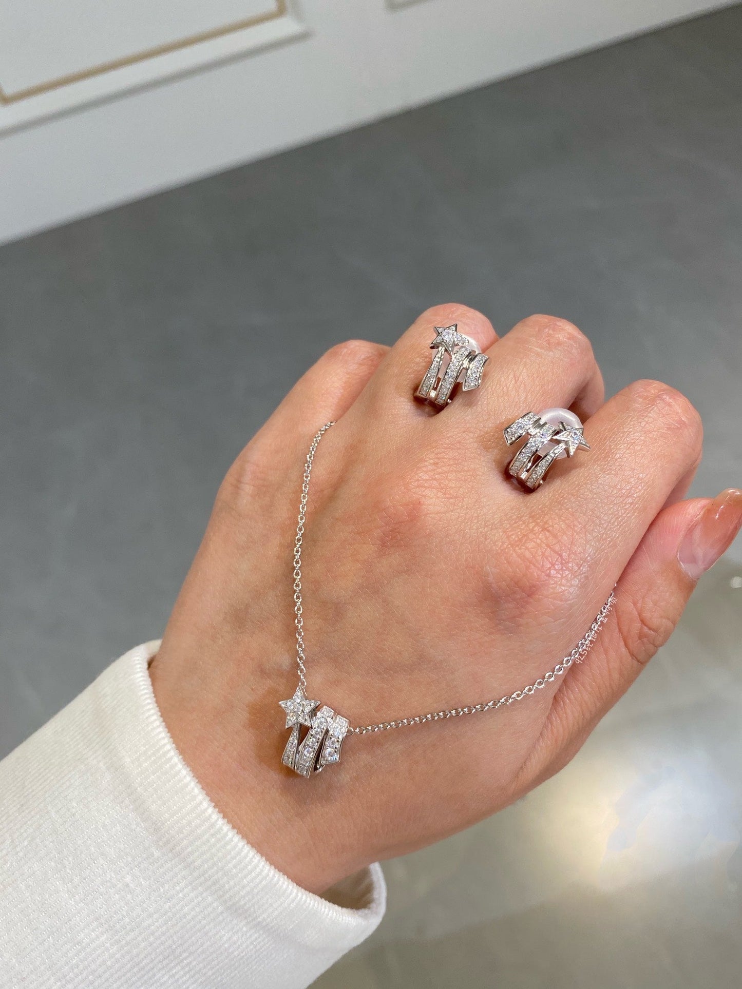 Chanel Star Double Row Diamond Silver Earrning