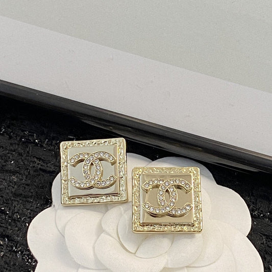 Chanel Diamond Pink Gold Square Stud Earrings