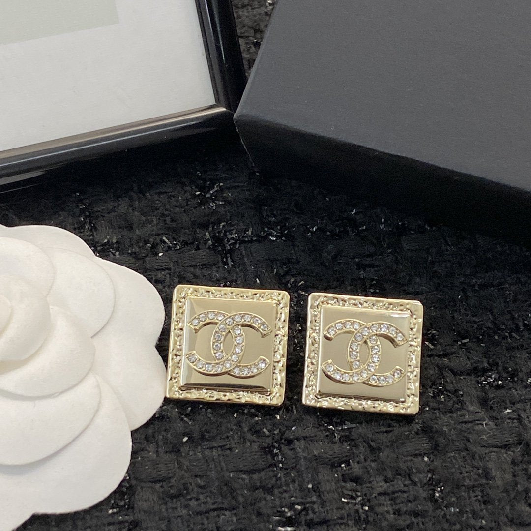 Chanel Diamond Pink Gold Square Stud Earrings
