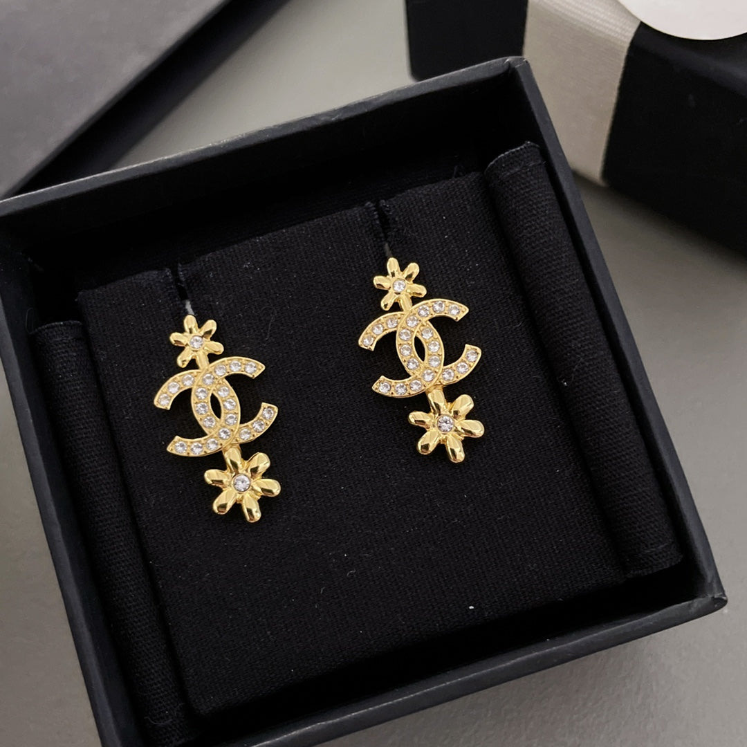 Chanel Double Flower Chanel Gold Diamond Drop Earrings
