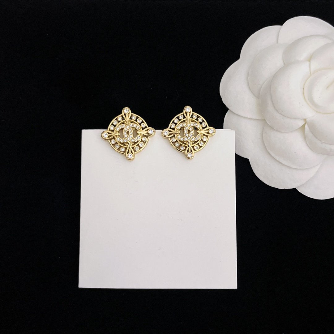 Chanel Double C Circle Gold Stud Earrings