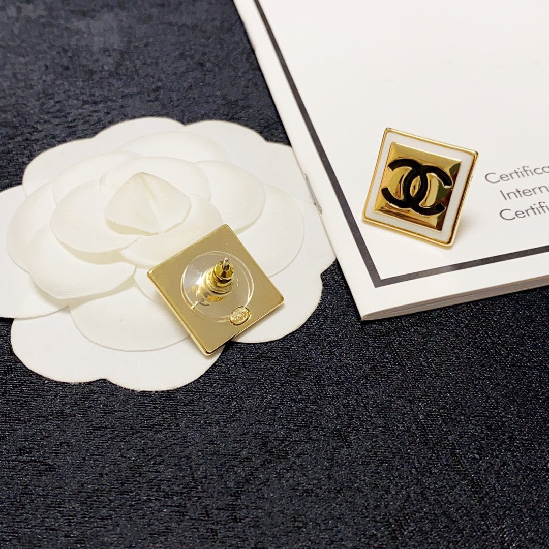 Chanel Light Gold And White Enamel Square Earrings