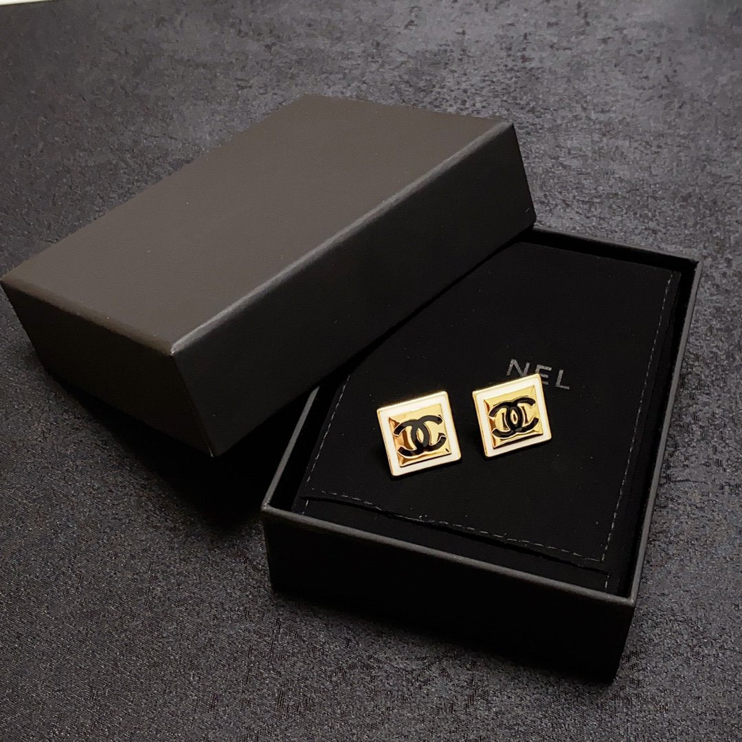 Chanel Light Gold And White Enamel Square Earrings