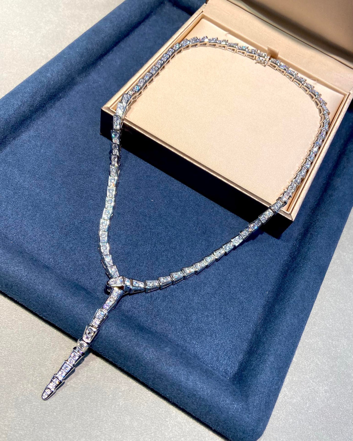 BVLGARI SERPENT DIAMOND PAVED SLIM SILVER NECKLACE
