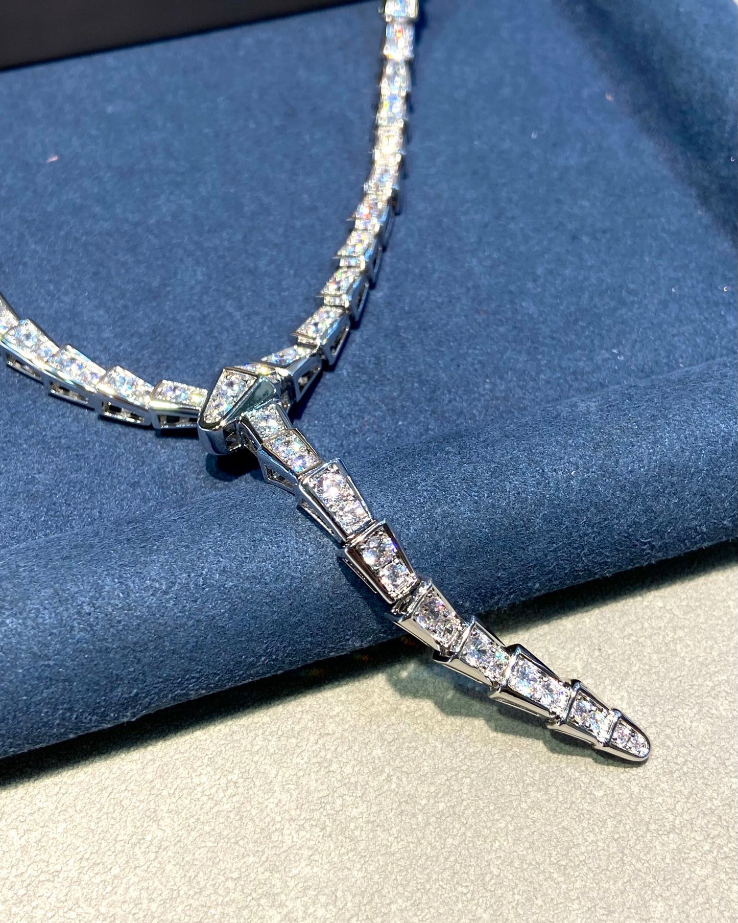 BVLGARI SERPENT DIAMOND PAVED SLIM SILVER NECKLACE