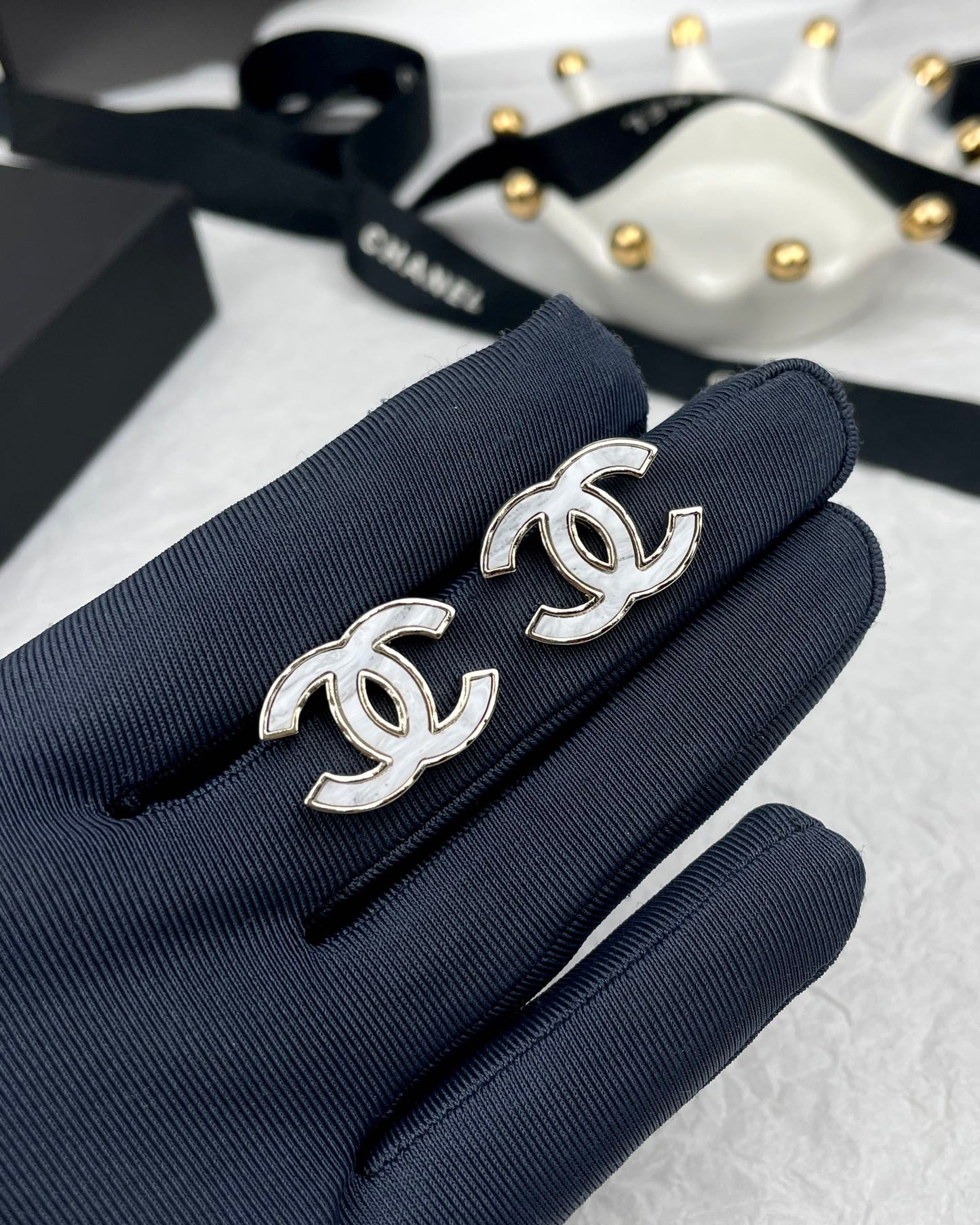 Chanel Silver Marble Earrings