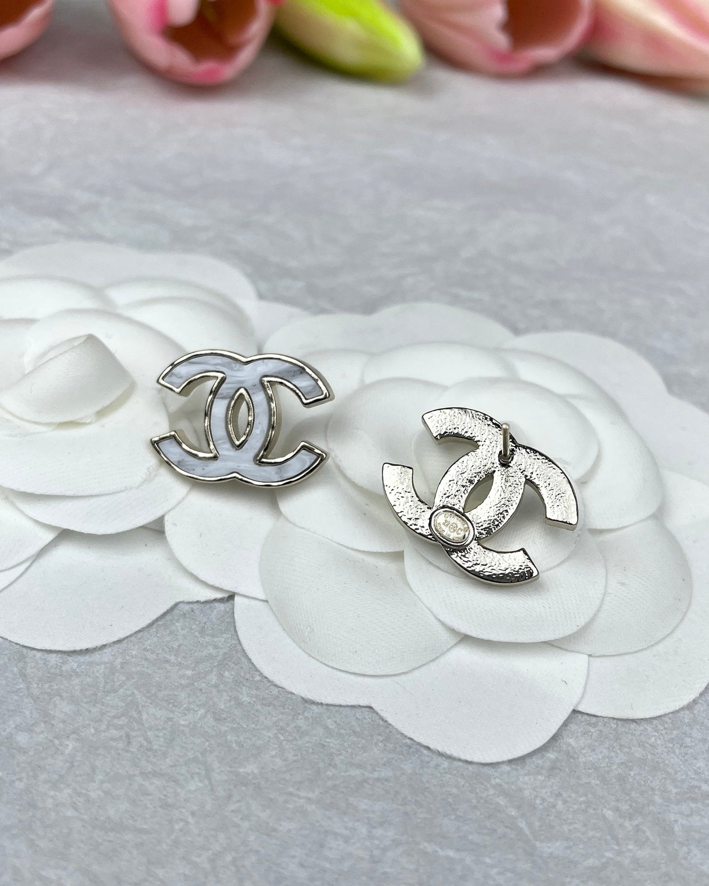 Chanel Silver Marble Earrings