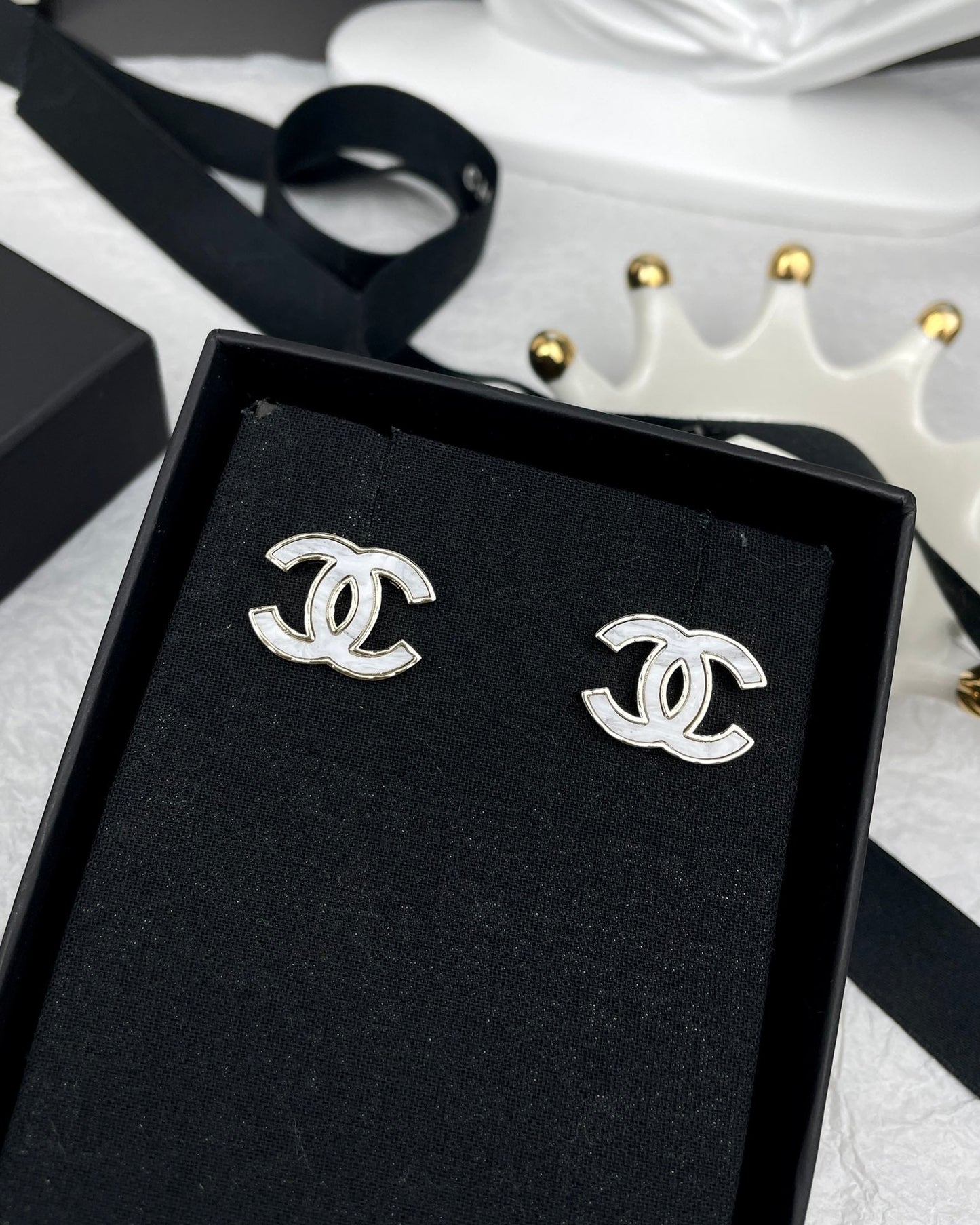 Chanel Silver Marble Earrings