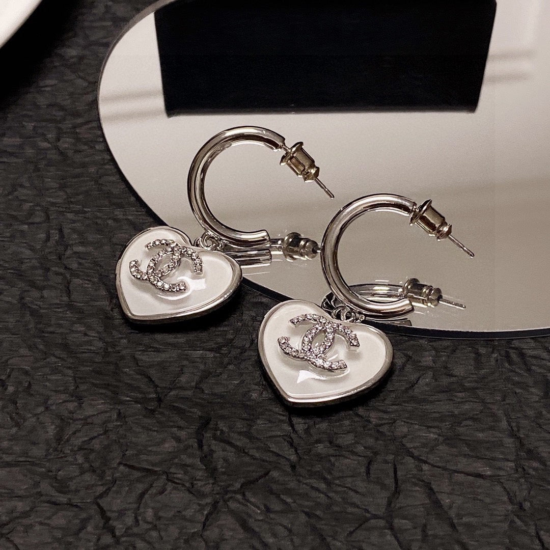 Chanel Silver White Enamel Hoop Earrings