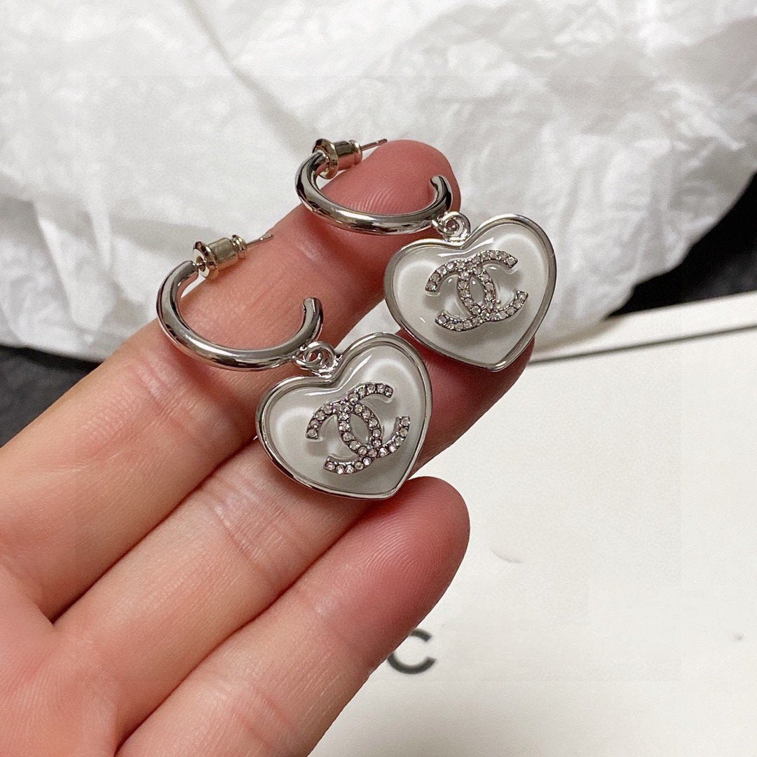 Chanel Silver White Enamel Hoop Earrings