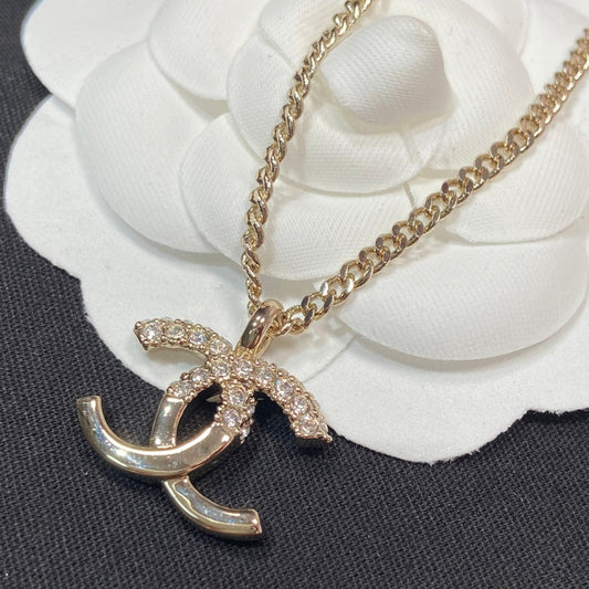 Chanel Pedant Half Diamond Pink Gold Necklace