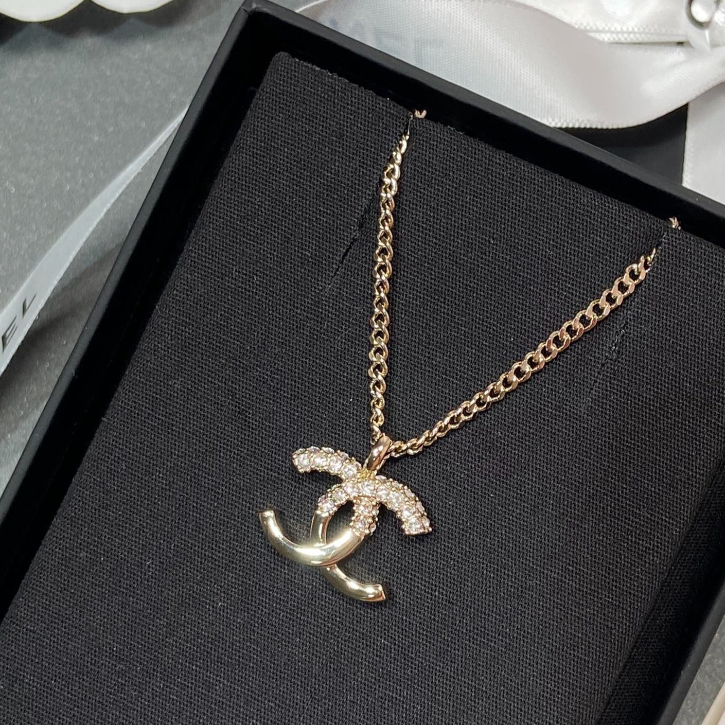 Chanel Pedant Half Diamond Pink Gold Necklace