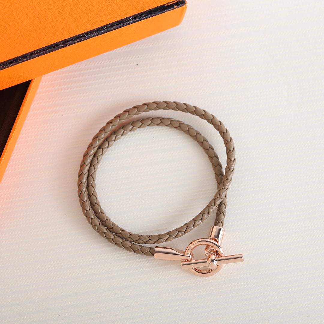 HERMES GLENAN DOUBLE TOUR PINK GOLD LEATHER BRACELET