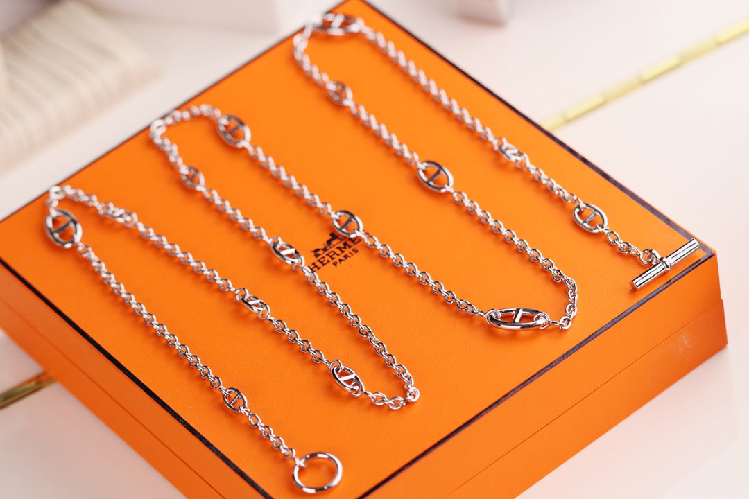 HERMES HM FARANDOLE 120 LONG SILVER NECKLACE