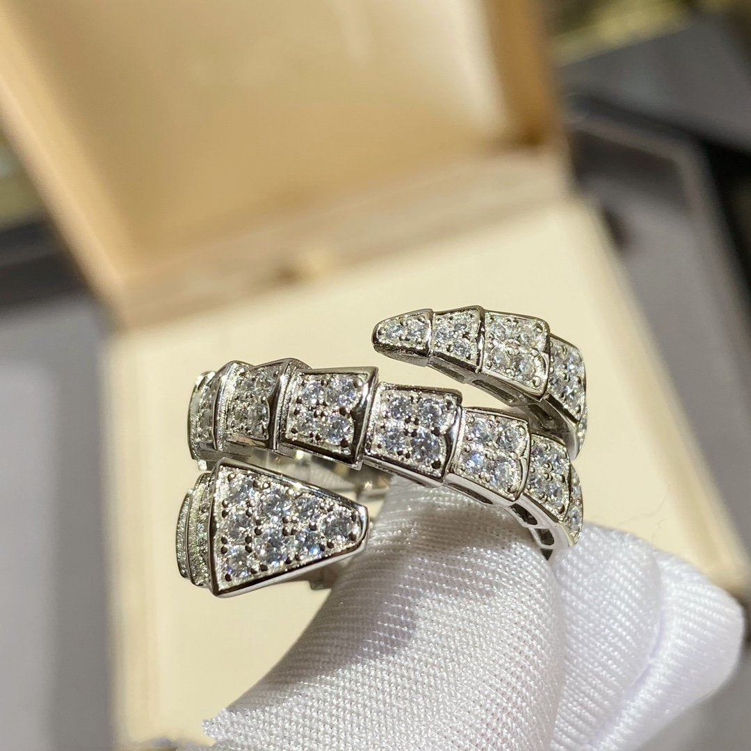BVLGARI SERPENTI DOUBLE RING SILVER DIAMOND PAVED