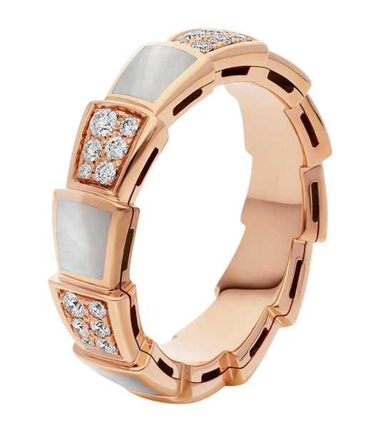 BVLGARI SERPENTI RING PINK GOLD MOP DIAMOND PAVED 4MM