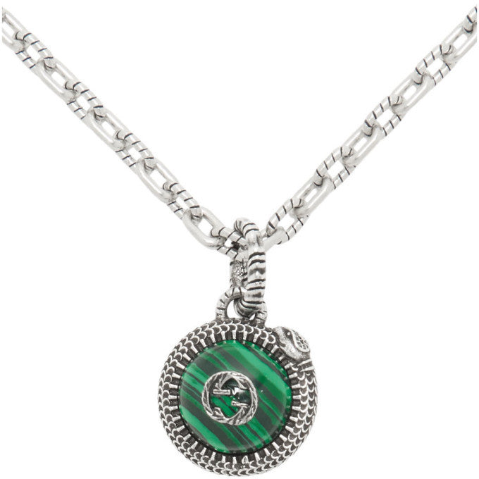 GUCCI STERLING SILVER NEW DOUBLE G LOGO SERPENT MALACHITE PENDANT NECKLACE