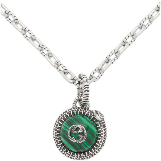 GUCCI STERLING SILVER NEW DOUBLE G LOGO SERPENT MALACHITE PENDANT NECKLACE