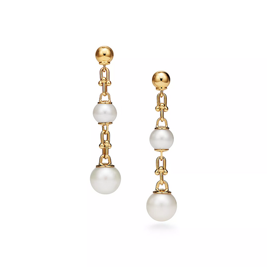 TIFFANY TRIPLE DROP LINK EARRINGS GOLD WITH FRESHWATER PEARLS