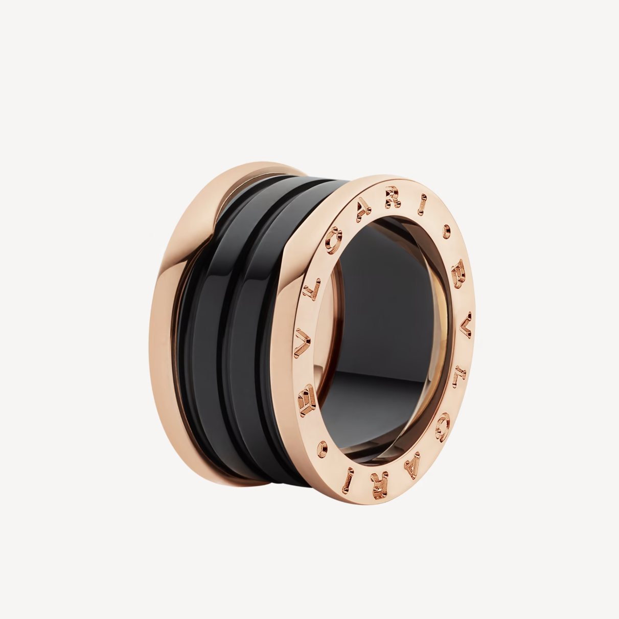 BVLGARI ZERO 1 FOUR-BAND LOOPS AND BLACK CERAMIC SPIRAL PINK GOLD RING