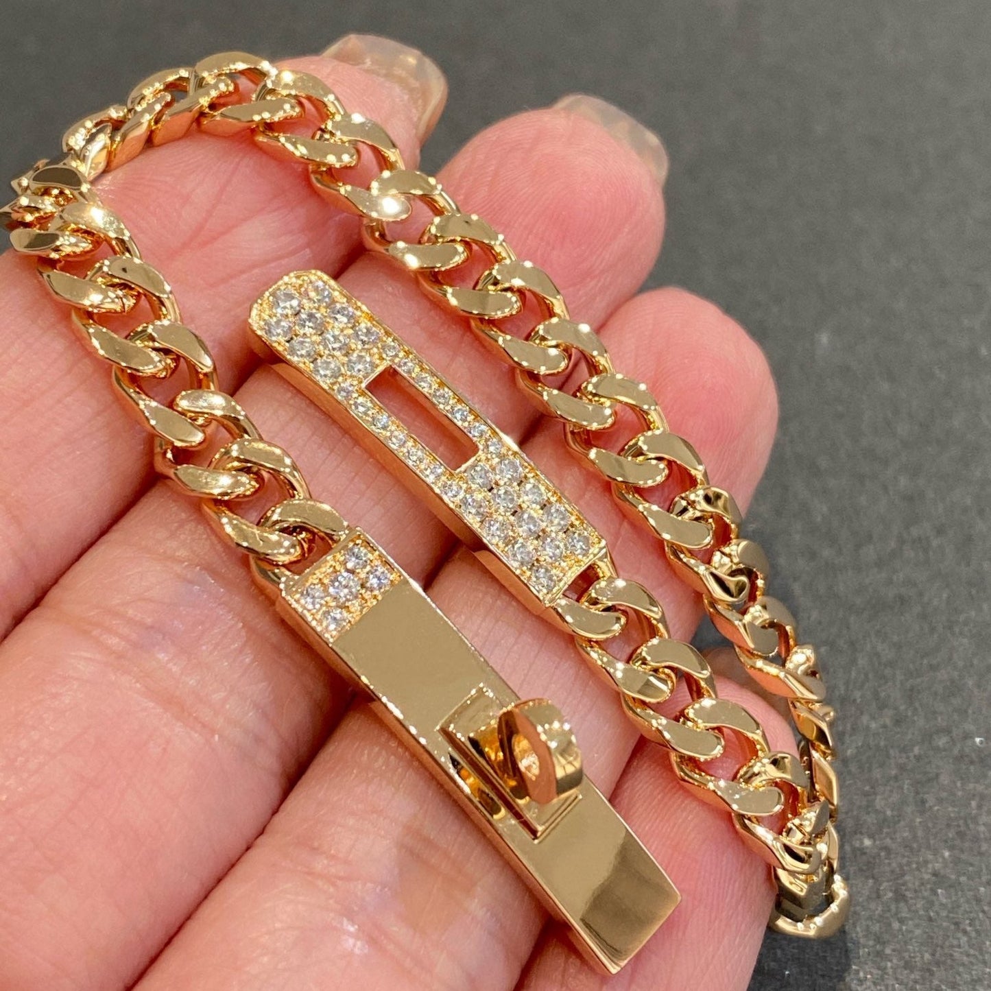 HERMES H Kelly Gourmette Gold Diamond Bracelet