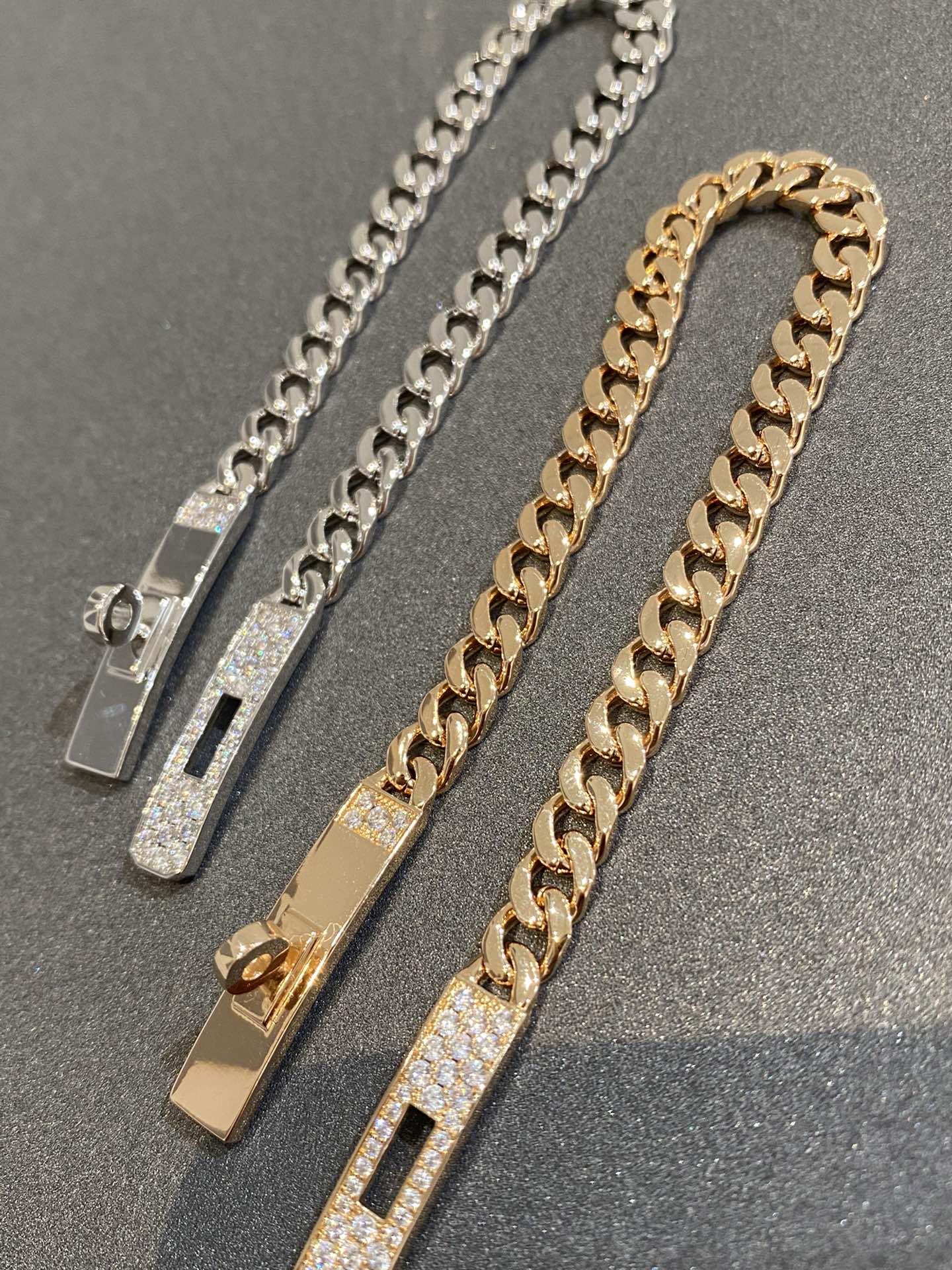 HERMES H Kelly Gourmette Sliver Diamond Bracelet