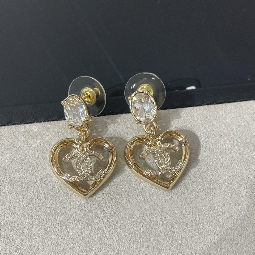 Chanel Strass Crystal Heart Drop Light Gold Earrings