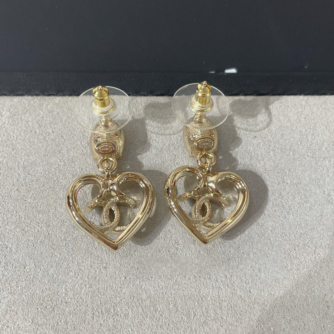 Chanel Strass Crystal Heart Drop Light Gold Earrings