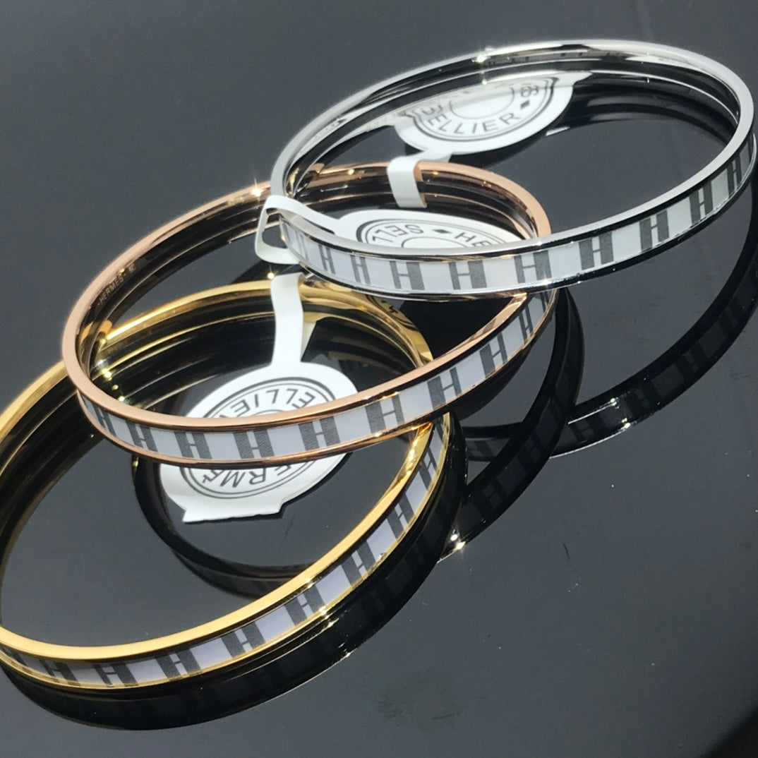 HERMES H Enamel Bangle White Gray Bracelet