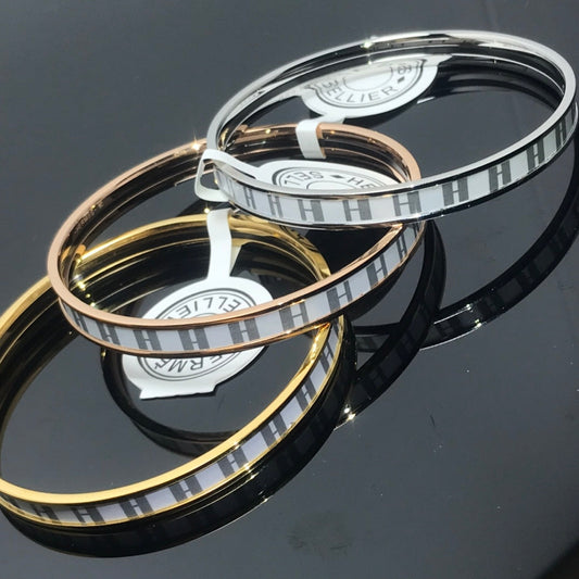 HERMES H Enamel Bangle White Gray Bracelet