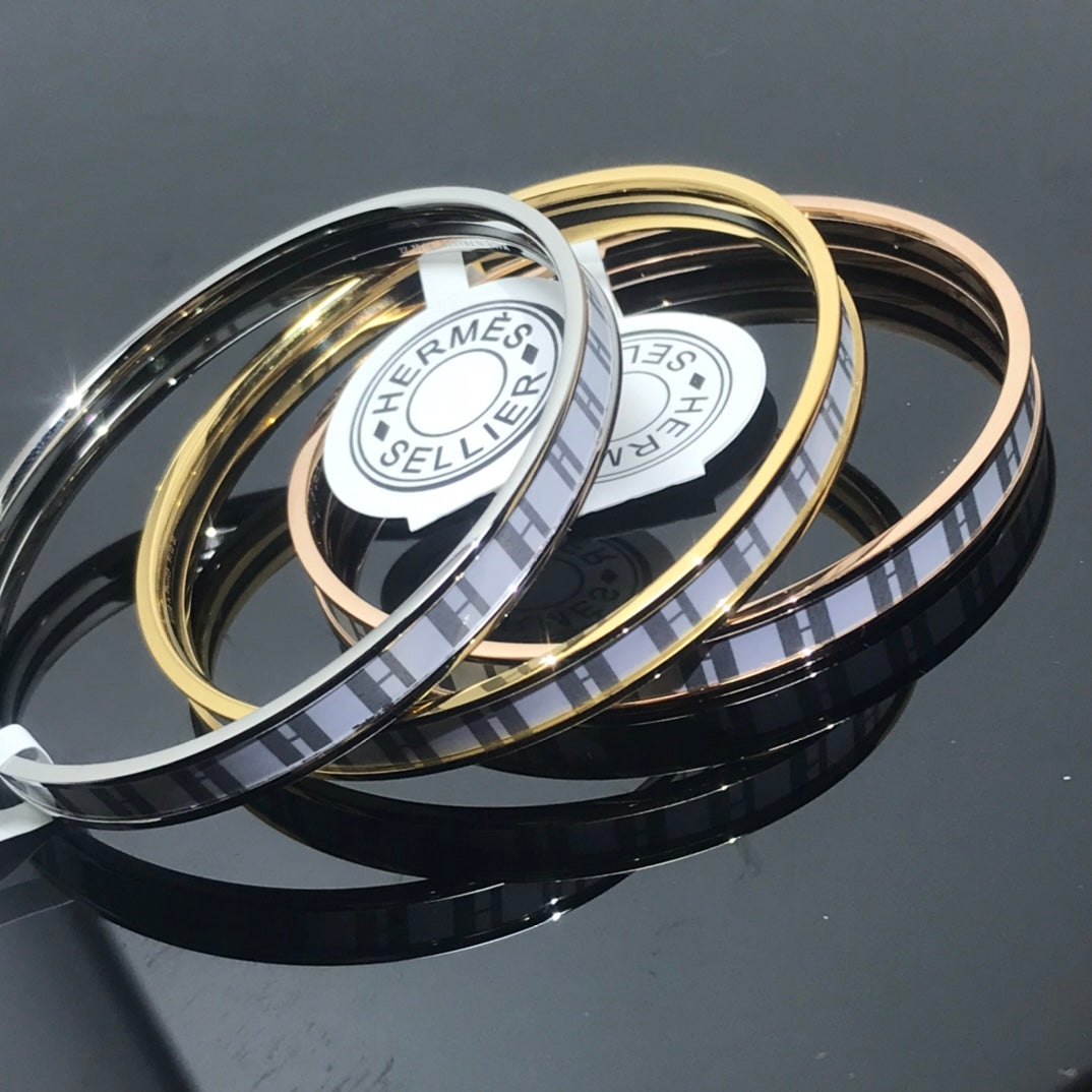 HERMES H Enamel Bangle White Gray Bracelet