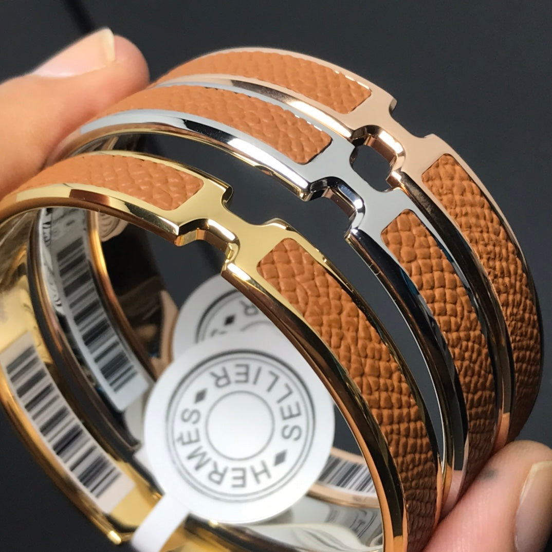 HERMES H Pig Nose Camel Brown Bracelet