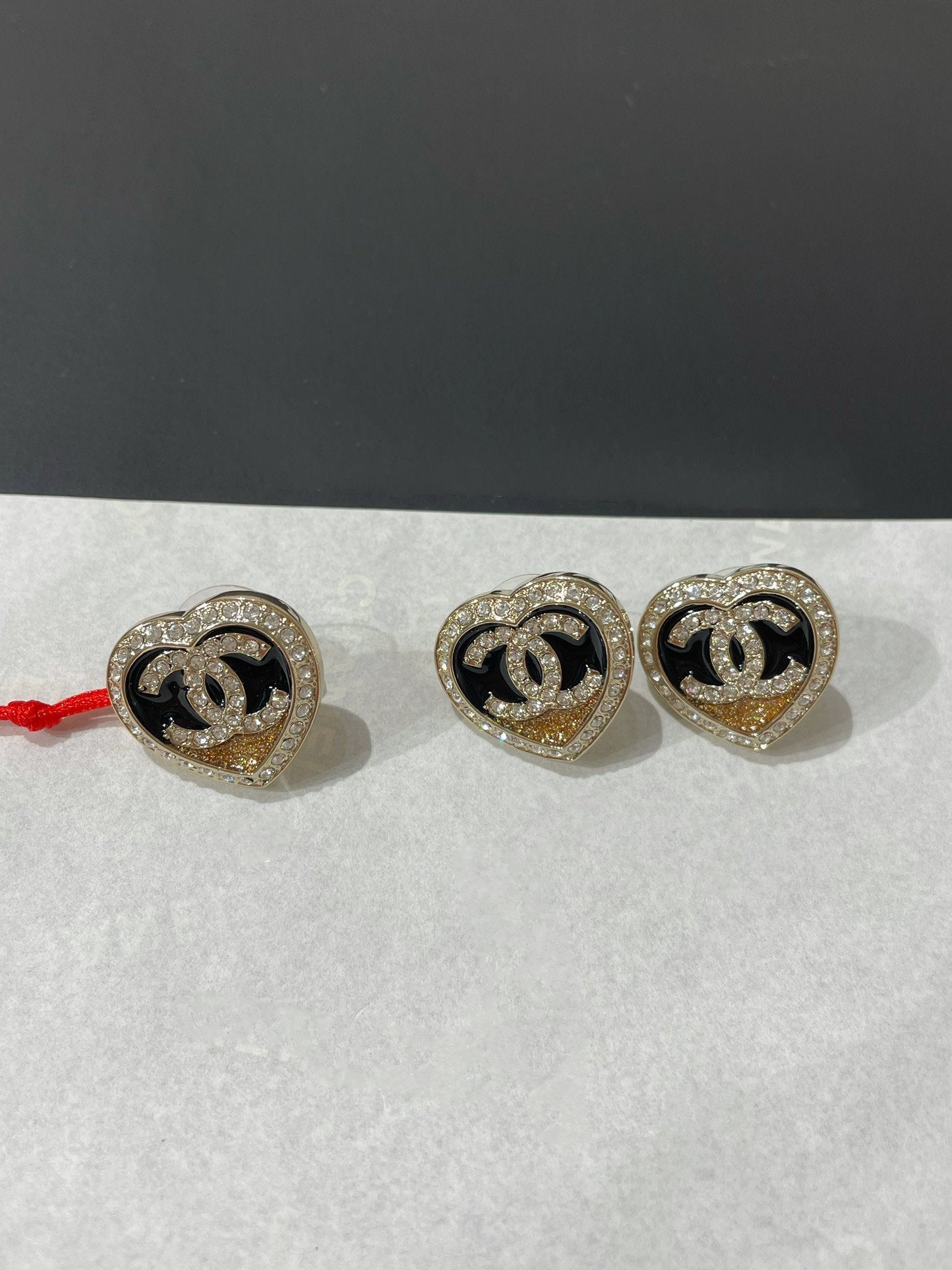Chanel Diamond Paved Heart Black Enamel Stud Earrings