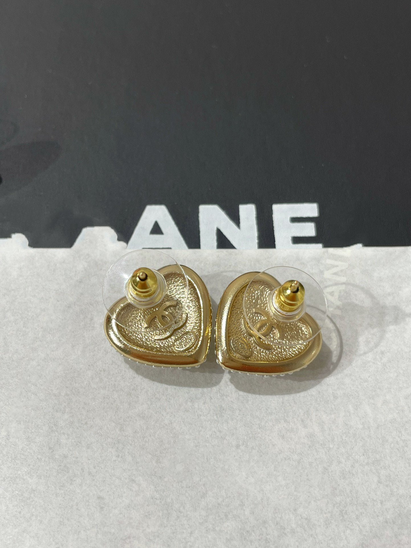 Chanel Heart Diamond Paved Mop Stud Earrings