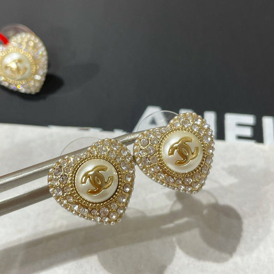 Chanel Heart Diamond Paved Mop Stud Earrings
