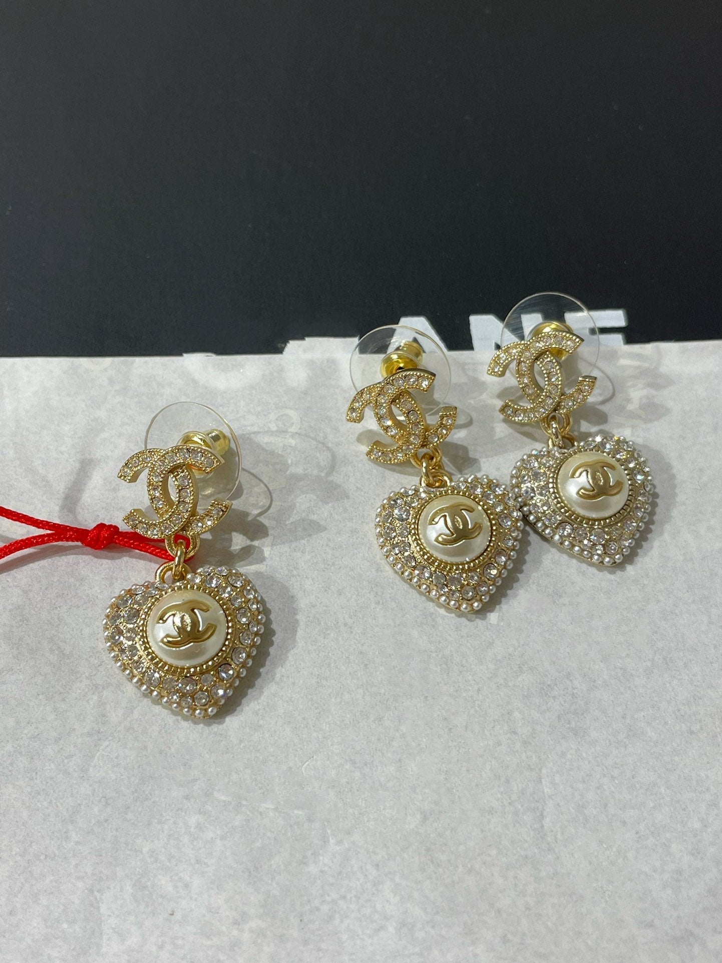Chanel Logo Diamond Paved Heart Mop Drop Earrings