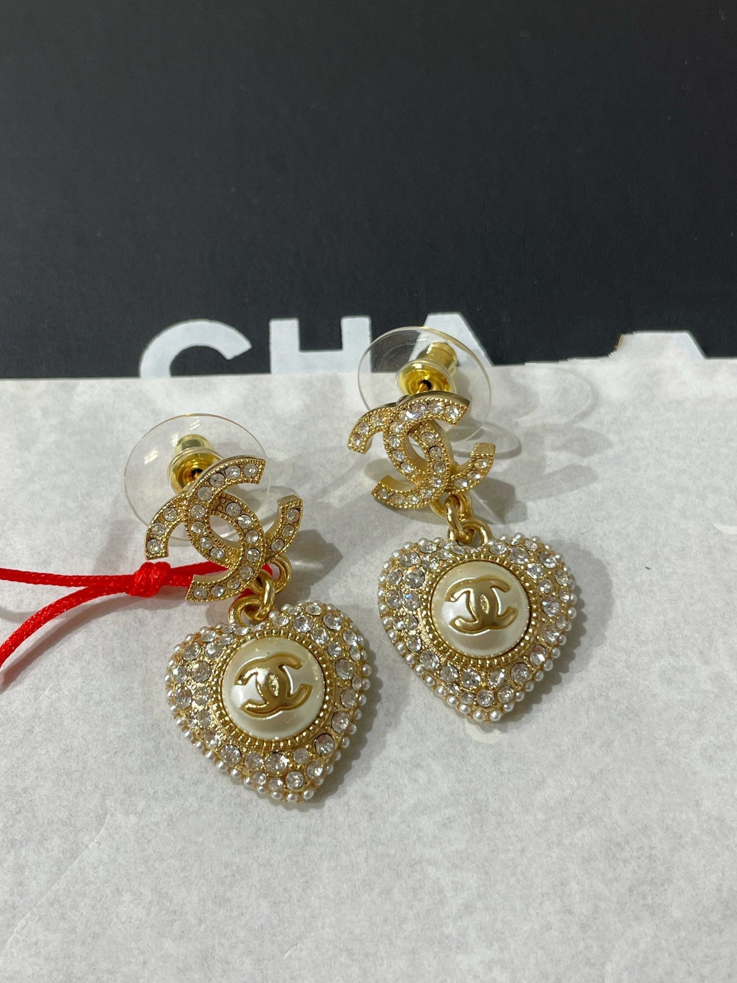 Chanel Logo Diamond Paved Heart Mop Drop Earrings