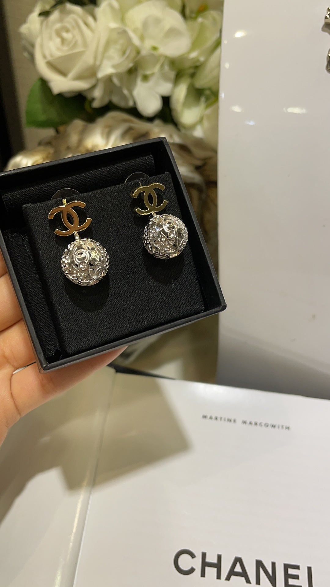 Chanel Gold Double C Silver Hollow Star Round Earrings
