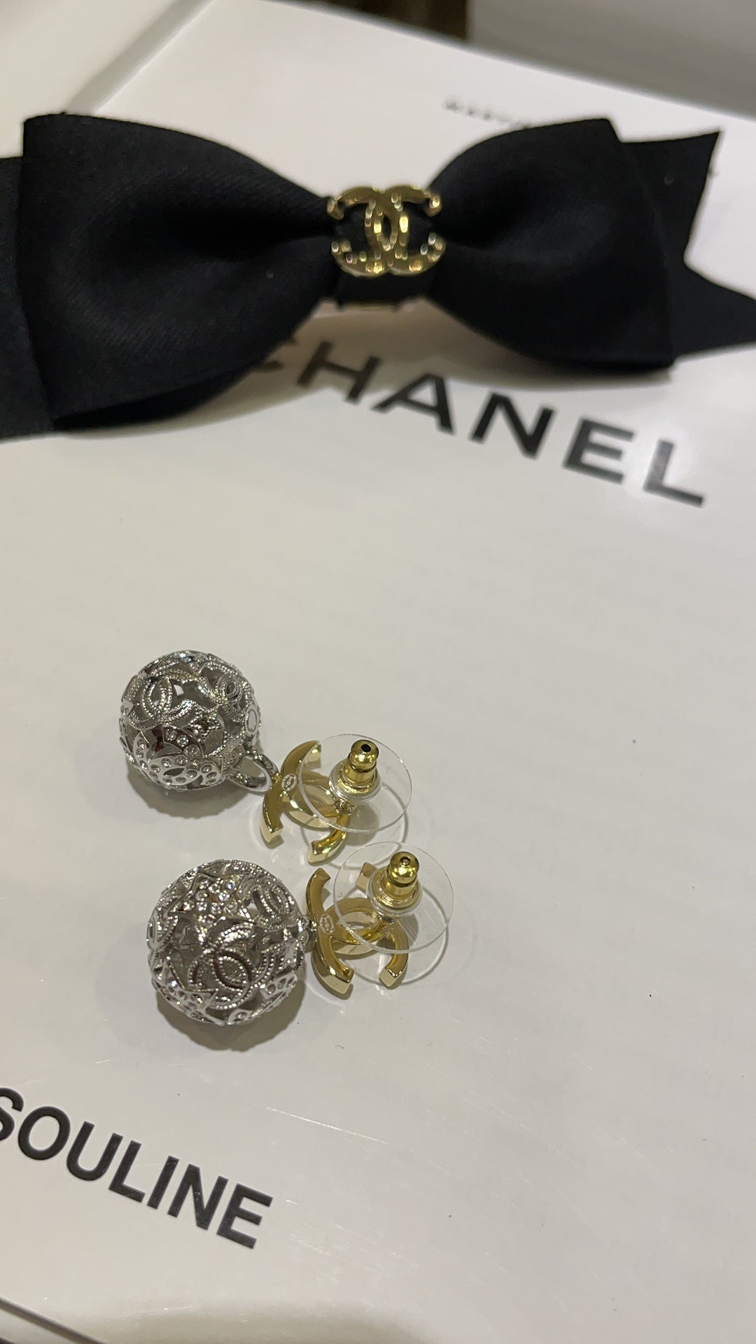 Chanel Gold Double C Silver Hollow Star Round Earrings