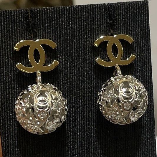 Chanel Gold Double C Silver Hollow Star Round Earrings