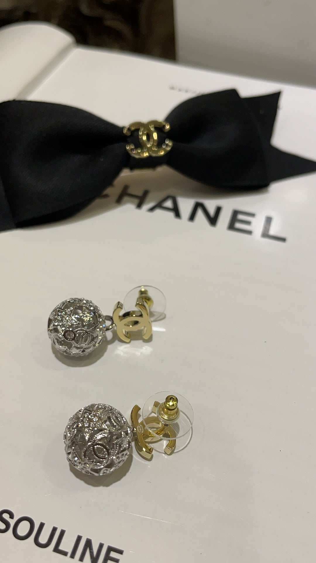 Chanel Gold Double C Silver Hollow Star Round Earrings