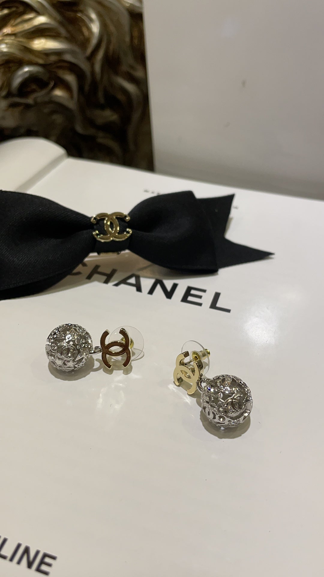 Chanel Gold Double C Silver Hollow Star Round Earrings