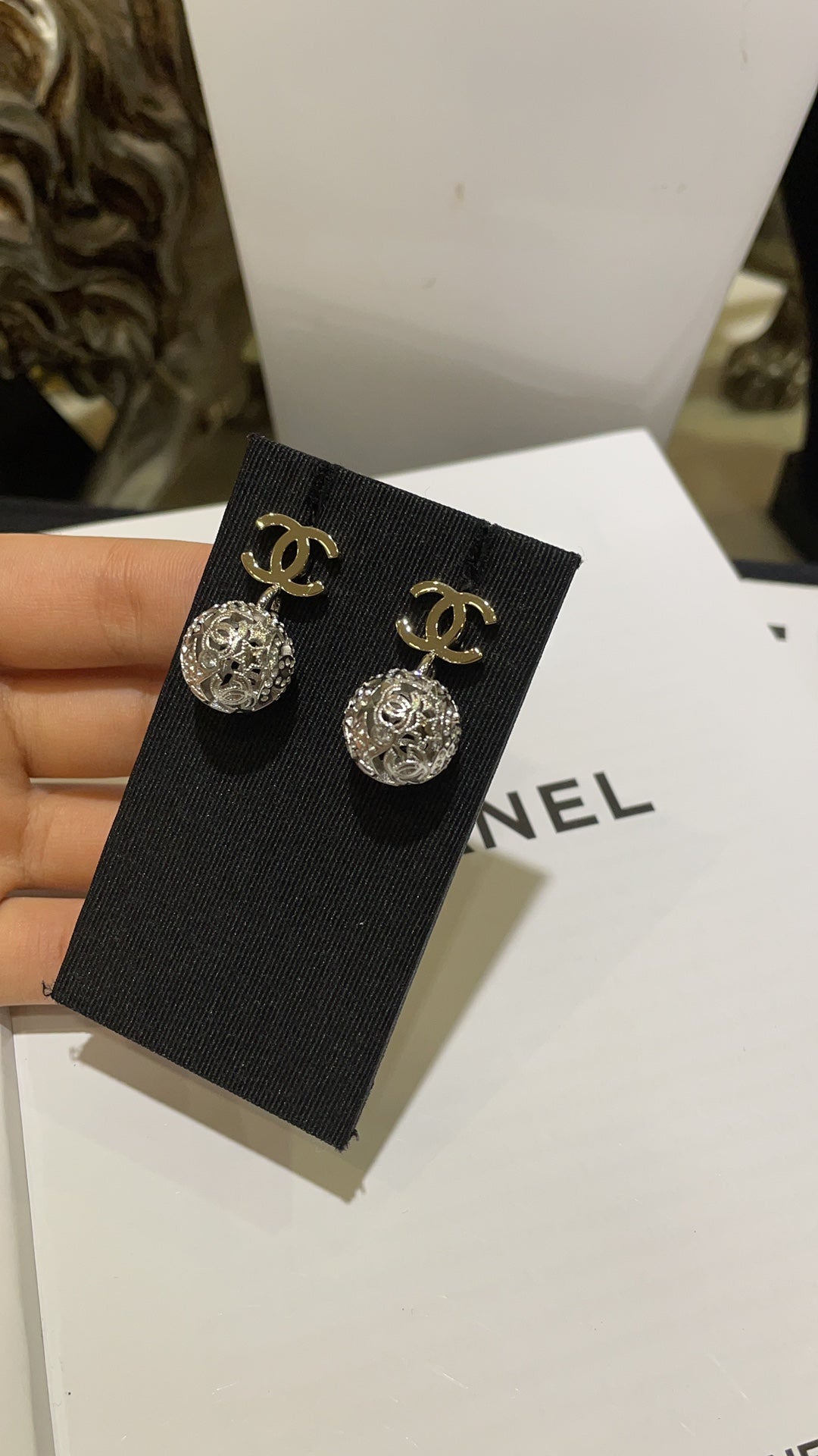 Chanel Gold Double C Silver Hollow Star Round Earrings
