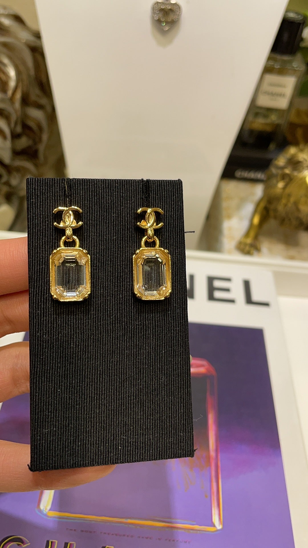 Chanel 2026 Gold Double C Transparent Rock Candy Pendant Earrings