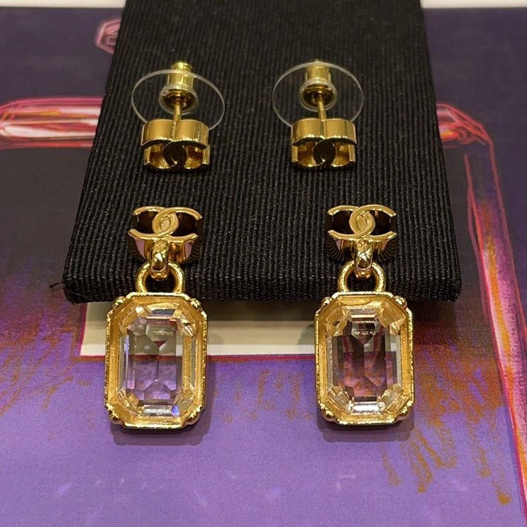 Chanel 2026 Gold Double C Transparent Rock Candy Pendant Earrings