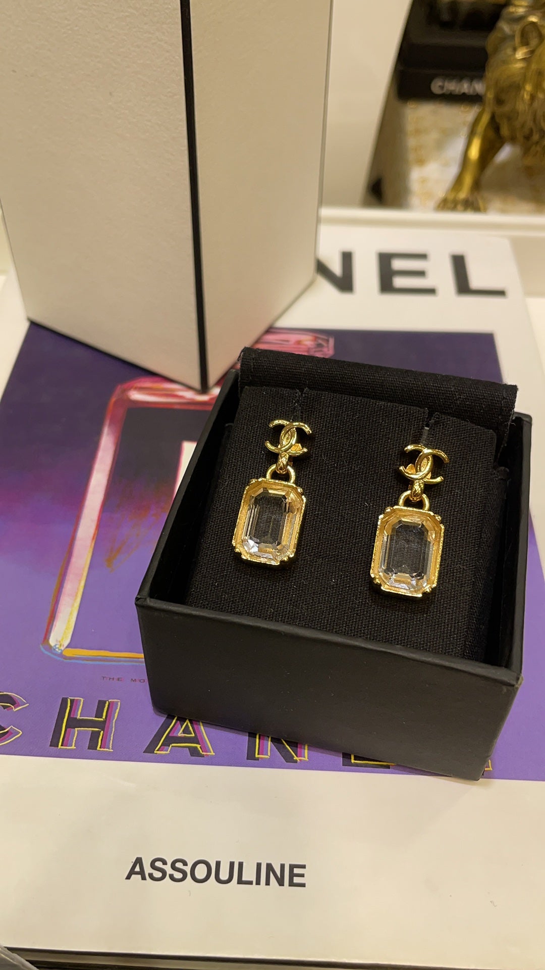 Chanel 2026 Gold Double C Transparent Rock Candy Pendant Earrings