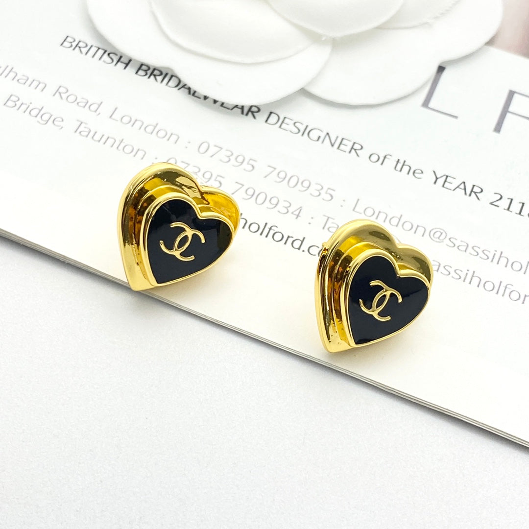 Chanel Black Enamel Gold Double C Heart Earrings