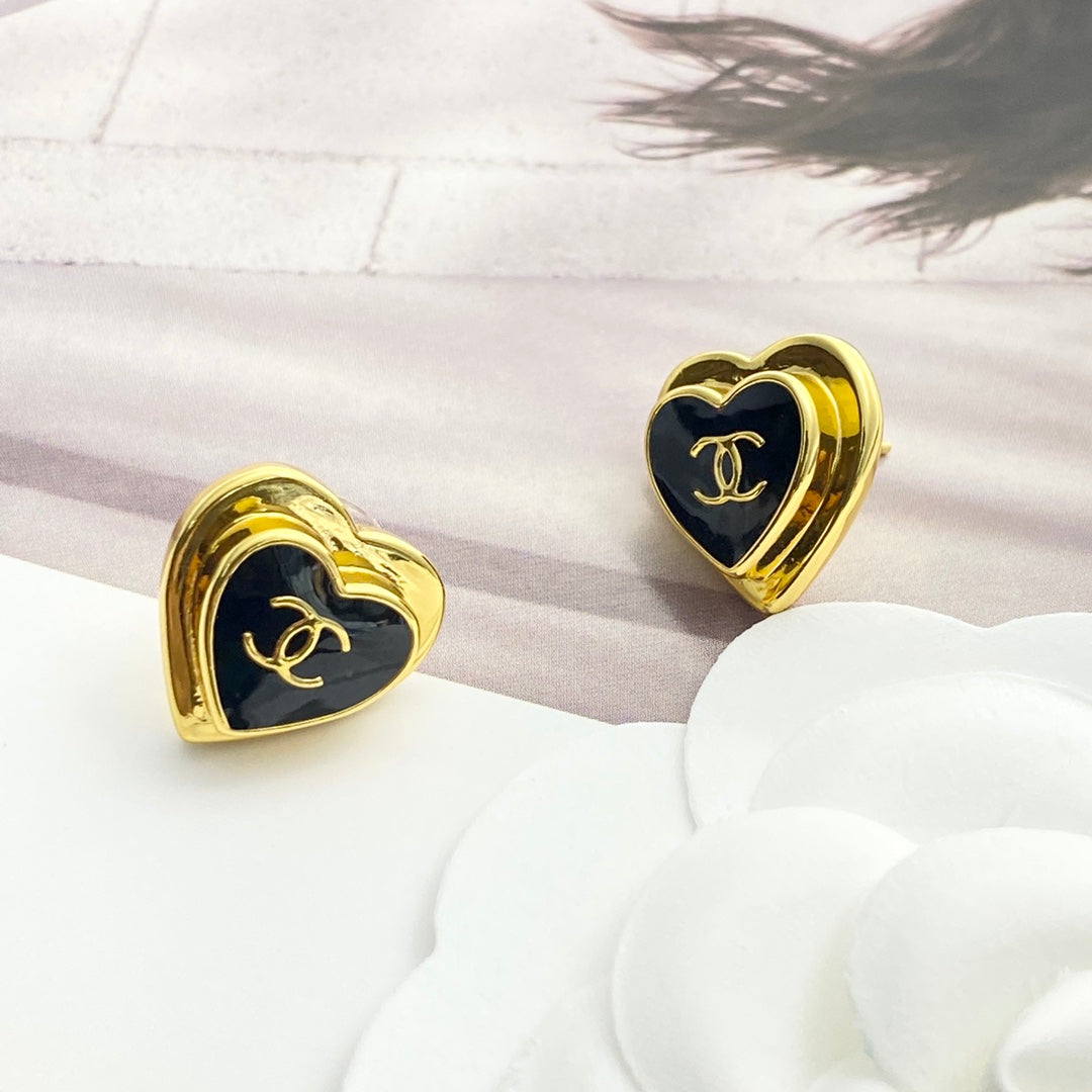 Chanel Black Enamel Gold Double C Heart Earrings