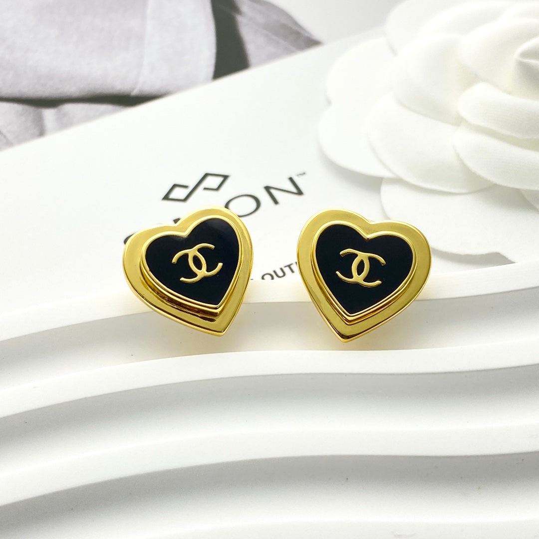 Chanel Black Enamel Gold Double C Heart Earrings